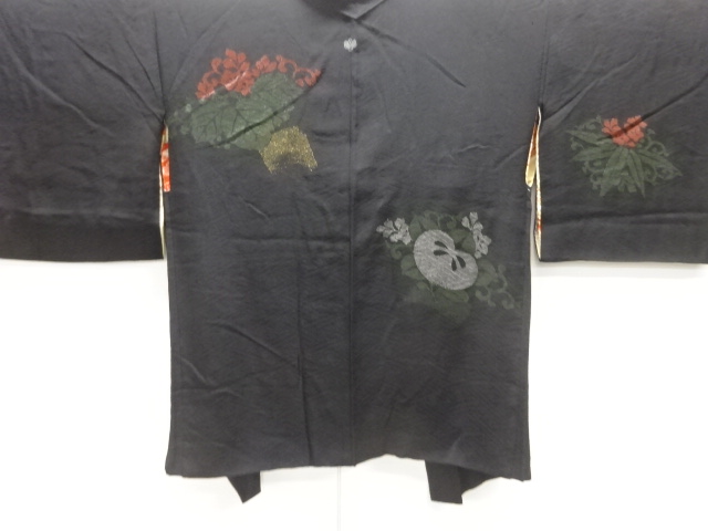 JAPANESE KIMONO / ANTIQUE HAORI / SILK / URUSHI / WOVEN PAULOWNIA & PLANTS PATTERN / SINGLE CREST